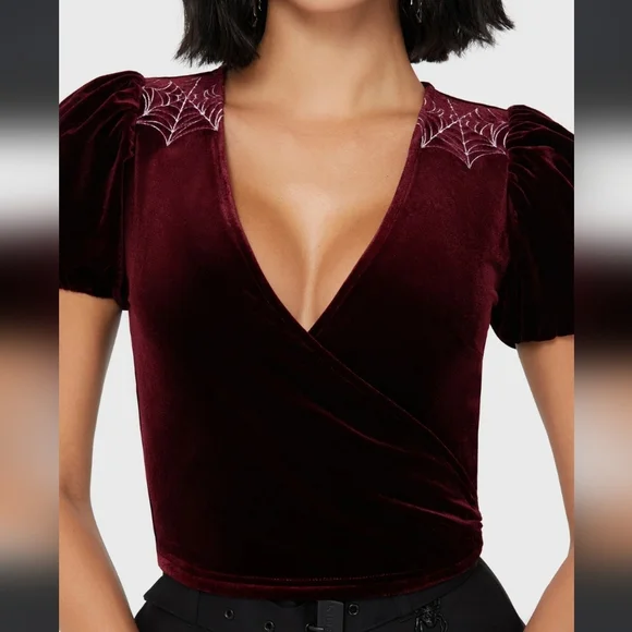 Killstar Burgundy Velvet Top with Spiderweb Detail - Picture 2 of 4